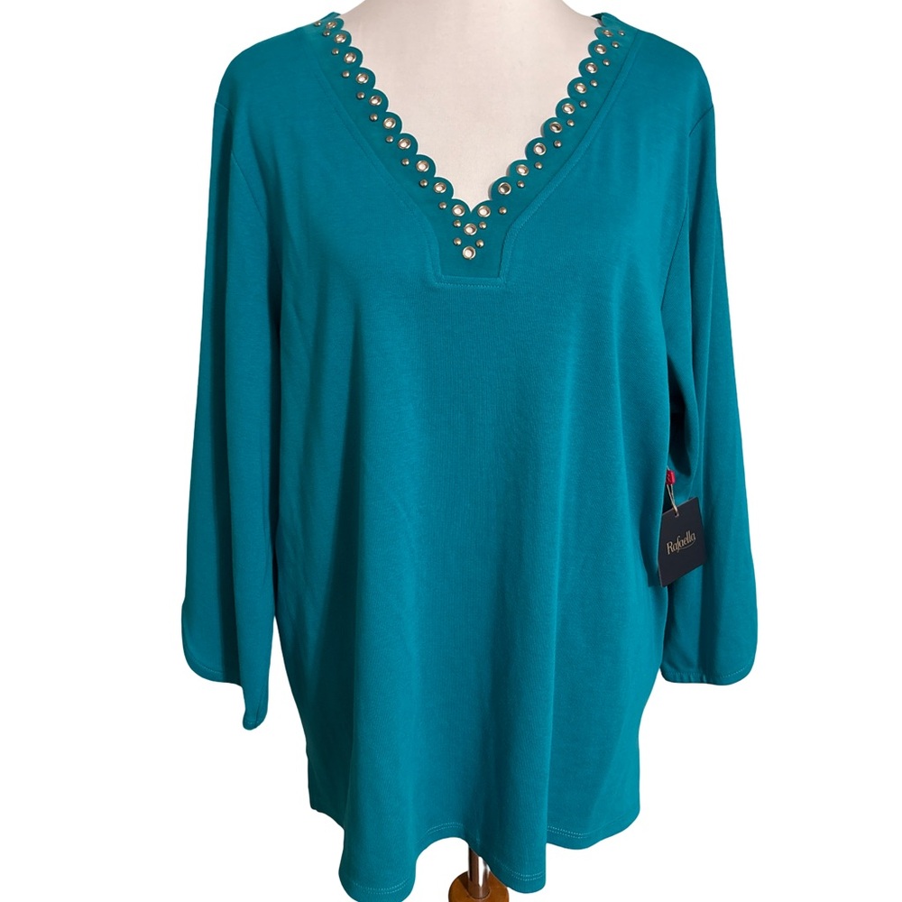 Rafaella Turquoise V Neck Blouse Gold Design